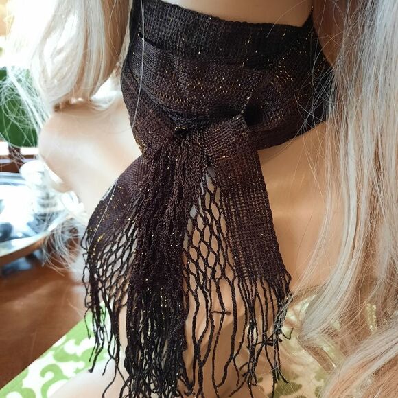 Brown/ Gold Metallic Fringed Netted Scarf/Tie Belt - Picture 3 of 12